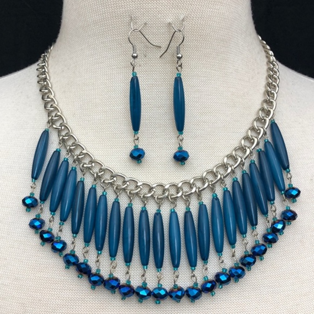 Blue Bead Cascading Drape Bib Statement Necklace Earrings Set
